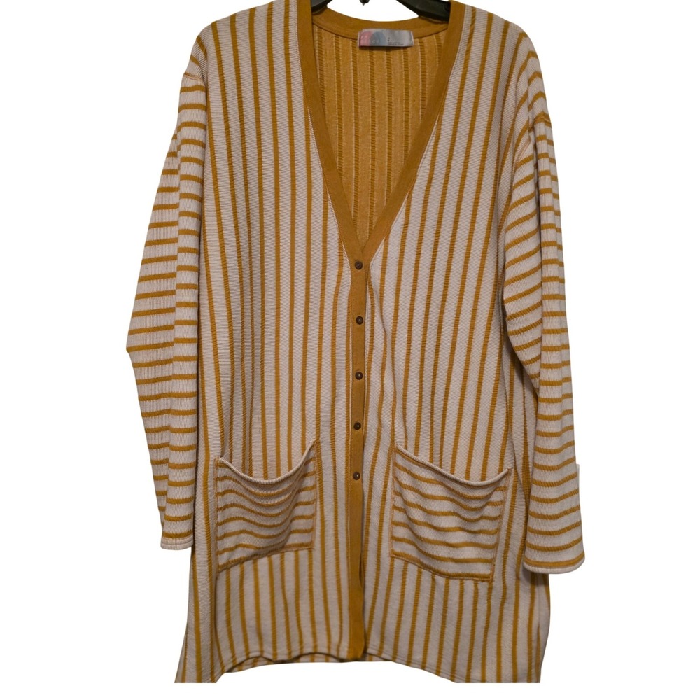 Free People FP Beach Striped Ribbed Knit Cardigan Mustard Yellow Large Boho Long